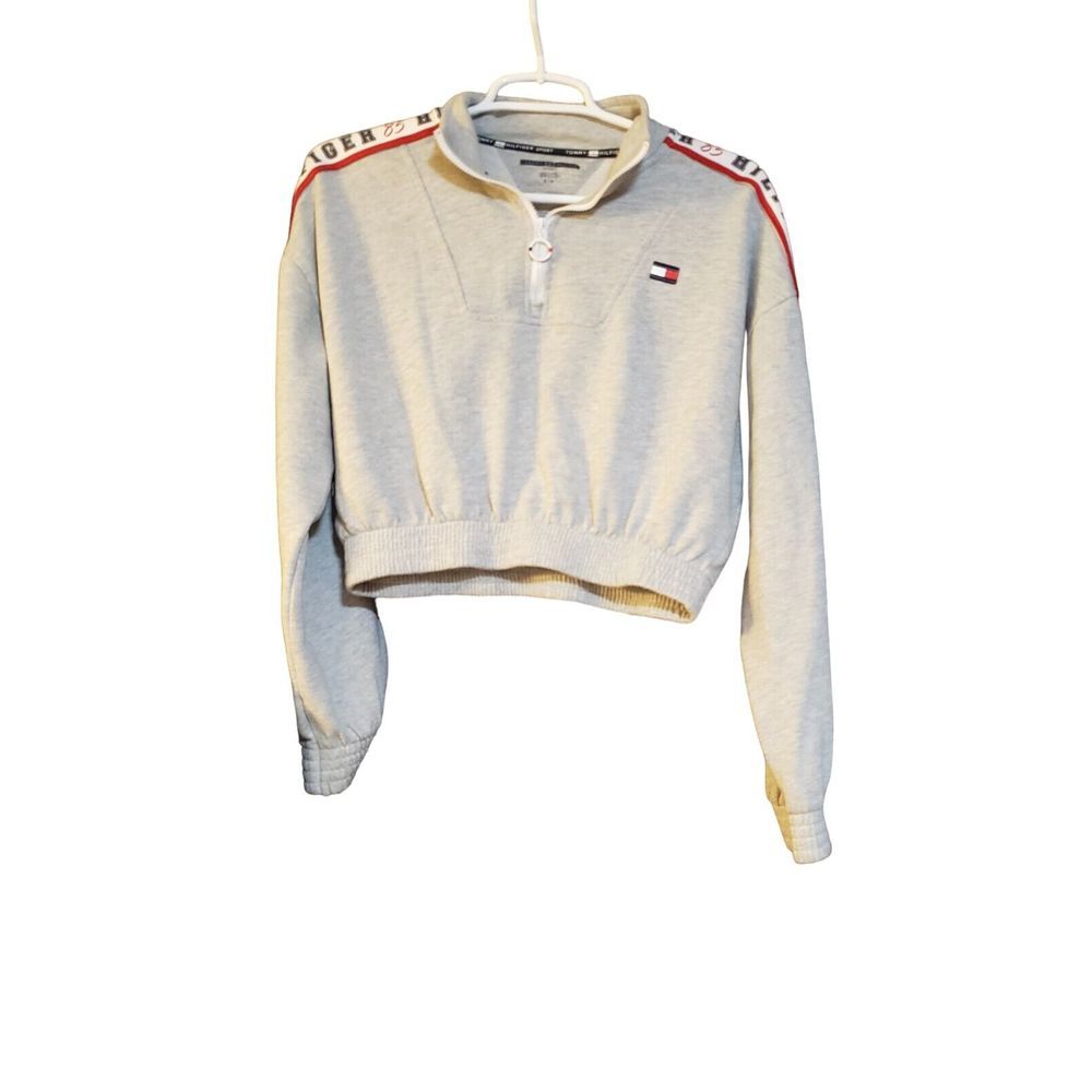 Tommy Hilfiger Cropped Pullover 1/4 zip Sweatshirt‎ Small Gray Logo Athlesiure